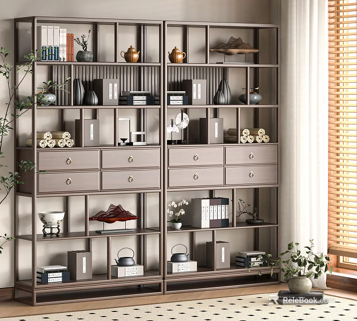 Antique Chinese Style Wooden Shelf Displaying Teapots Books And Decorative Drawers In Interior 3d model 