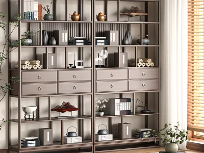Antique Chinese Style Wooden Shelf Displaying Teapots Books And Decorative Drawers In Interior 3d model