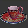 Red And Gold Teacup With Saucer Featuring Dragon Patterns And Building Motifs With Gold Trim