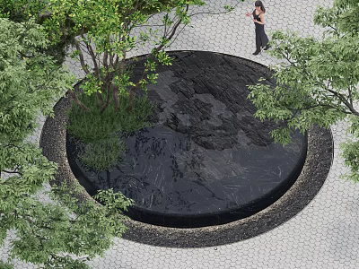 Tranquil Garden Landscape Featuring Circular Water Feature Surrounding Trees And Lush Greenery 3d model