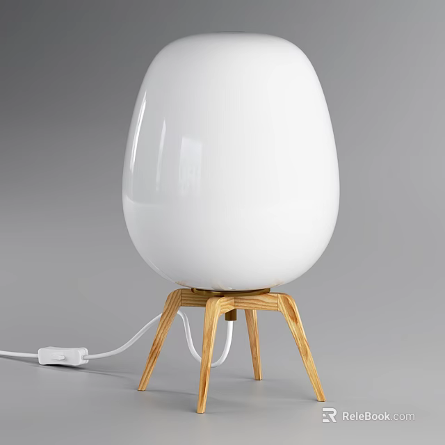 White Modern Table Lamp With Spherical Shade And Three Legged Wooden Base 3d model 
