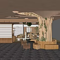 Natural Style Restaurant Interior With Wooden Decor Green Plants And Round Tables