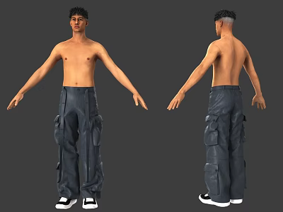 Shirtless Man Wearing Dark Cargo Pants and White Sneakers Front Back Views 3d model