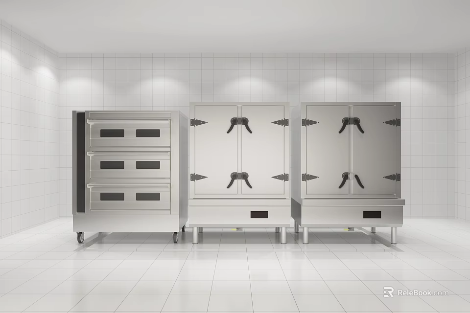 Stainless Steel Commercial Kitchen Appliances With Multiple Doors In White Tile Kitchen 3d model 