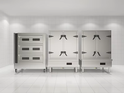 Stainless Steel Commercial Kitchen Appliances With Multiple Doors In White Tile Kitchen 3d model