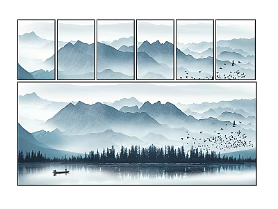 Landscape Painting With Layered Mountains Calm Lake Small Boat Pine Forest And Flying Birds 3d model