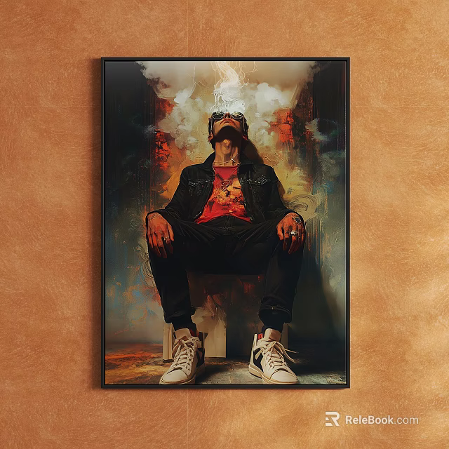 Portrait Painting Of Seated Figure With Black Jacket Red T-Shirt And Goggles Against Smoky Background 3d model 