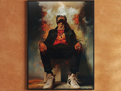 Portrait Painting Of Seated Figure With Black Jacket Red T-Shirt And Goggles Against Smoky Background 3d model