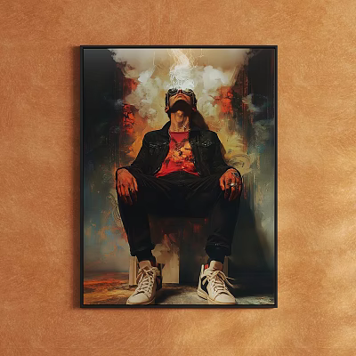 Portrait Painting Of Seated Figure With Black Jacket Red T-Shirt And Goggles Against Smoky Background 3d model