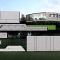 Modern Gray Stone Feature Wall Design With Green Lawn And Trees 3d model