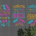 Colorful Neon Decorative Lights with Welcome Text BBQ Theme Flame Patterns and Grid Wall Background 3d model