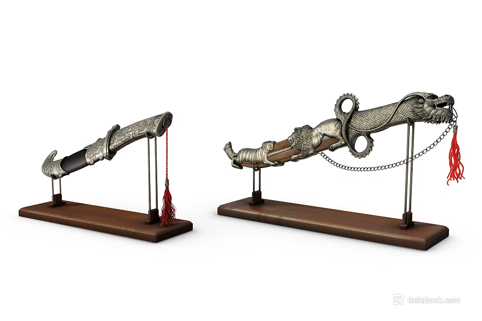Decorative Traditional Weapons Featuring Intricate Dragon Designs And Wooden Stands With Red Tassels 3d model 