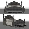 Classic Gray Double Bed With Carved Wooden Frame And Upholstered Headboard