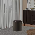 Beige Stool With Brown Lid In Cozy Room Near White Curtains And Dark Wood Cabinet