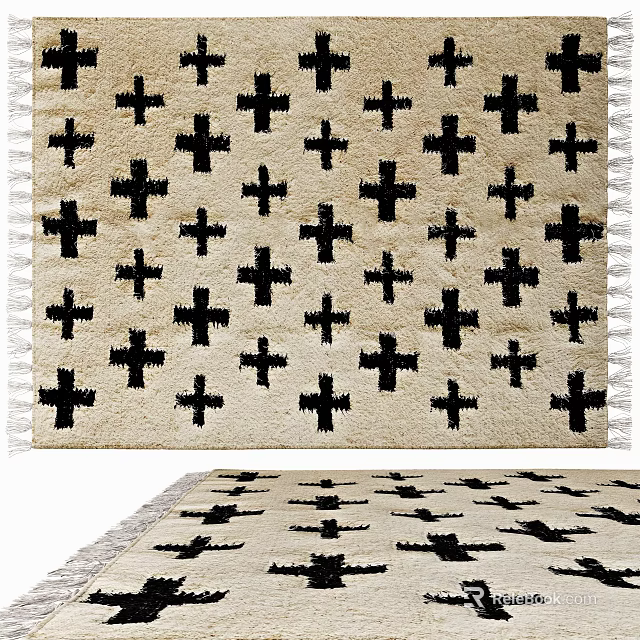 Light Colored Square Rug With Black Cross Pattern And Tassel Edges 3d model 