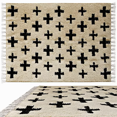 Light Colored Square Rug With Black Cross Pattern And Tassel Edges 3d model