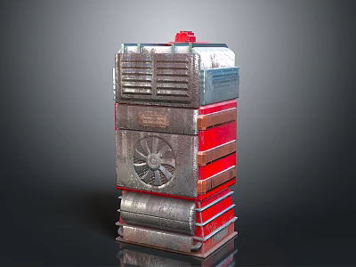 Modern Stacked Electrical Appliance With Metallic Body Red Panels And Fan 3d model