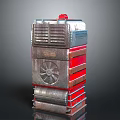 Modern Stacked Electrical Appliance With Metallic Body Red Panels And Fan