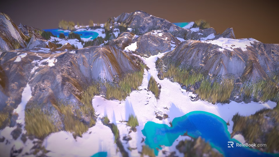 Scenic Mountain Landscape With Snowy Peaks Blue Lakes And Green Vegetation 3d model 