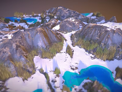 Scenic Mountain Landscape With Snowy Peaks Blue Lakes And Green Vegetation 3d model