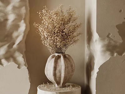 Elegant Textured Vase With Dried Flowers Arrangement On Light Pedestal Against Beige Wall 3d model