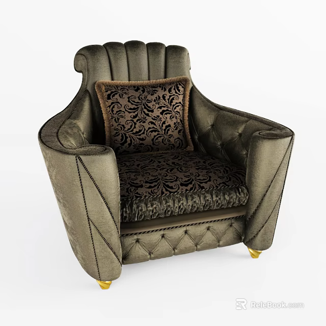 Elegant Single Sofa With Pleated Backrest Patterned Cushion And Golden Legs 3d model