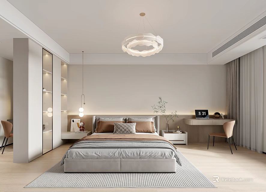 Modern Minimalist Bedroom Interior Design With Bed Pendant Light Desk Chair And Wooden Floor 3d model 