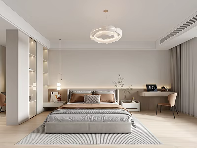 Modern Minimalist Bedroom Interior Design With Bed Pendant Light Desk Chair And Wooden Floor 3d model