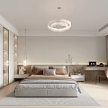 Modern Minimalist Bedroom Interior Design With Bed Pendant Light Desk Chair And Wooden Floor