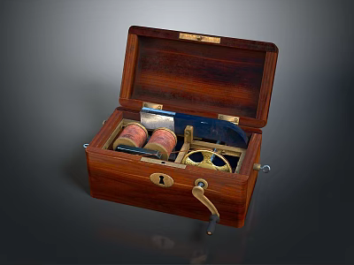 Vintage Wooden Storage Box With Open Interior And Reels And Tools 3d model