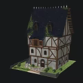 Half-Timbered Medieval House with Dark Roof Green Ivy Small Windows Stairs And Lawn
