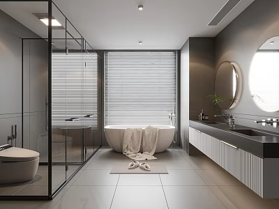 Modern Bathroom Interior With Freestanding Bathtub Large Window Blinds Glass Partition And Round Mirror Vanity 3d model