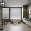Modern Bathroom Interior With Freestanding Bathtub Large Window Blinds Glass Partition And Round Mirror Vanity