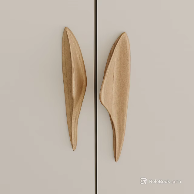 Elegant Wooden Leaf Shaped Door Handles On Light Colored Cabinet Doors 3d model 