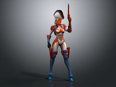 Game Movie Character With Orange White Costume Hat Holding Gun Blue Boots and Armored Design 3d model