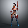 Game Movie Character With Orange White Costume Hat Holding Gun Blue Boots and Armored Design
