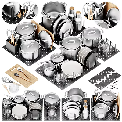 Stainless Steel Kitchen Cookware Set With Pots Pans Plates Spoons Knives And Storage Rack 3d model
