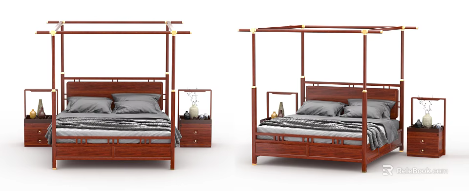 Wooden Four Poster Double Bed With Gray Bedding And Nightstand Decorative Items 3d model 
