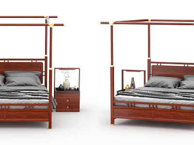 Wooden Four Poster Double Bed With Gray Bedding And Nightstand Decorative Items 3d model