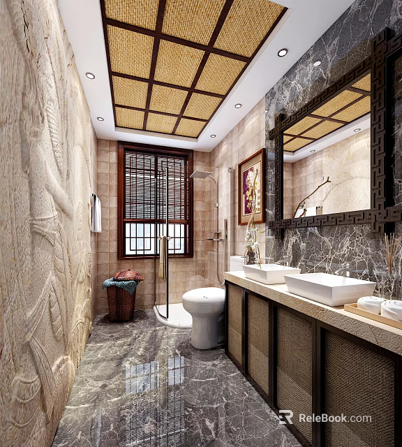 Traditional Chinese Hotel Bathroom With Carved Walls Grid Ceiling Marble Countertops Double Sinks Framed Mirror 3d model 