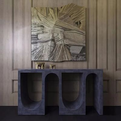 Dark Blue Console Table with Arched Design Golden Decor on Wooden Panel Wall Abstract Painting 3d model