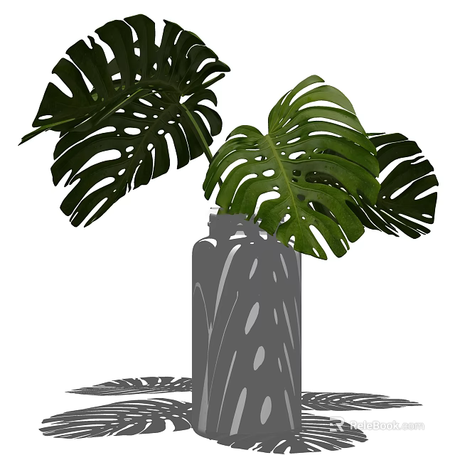 Green Monstera Leaves in Decorative Vase with Perforated Dots Design for Home Interior 3d model 