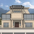 Modern Detached Villa Exterior Design With Stone Facade Large Glass Windows And Mountain View