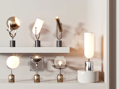 Modern Table Lamps With Various Designs And Metal Bases On Display Shelves 3d model
