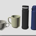 Everyday Household Essentials Including White Beige Mugs And Black Blue Thermos Flasks