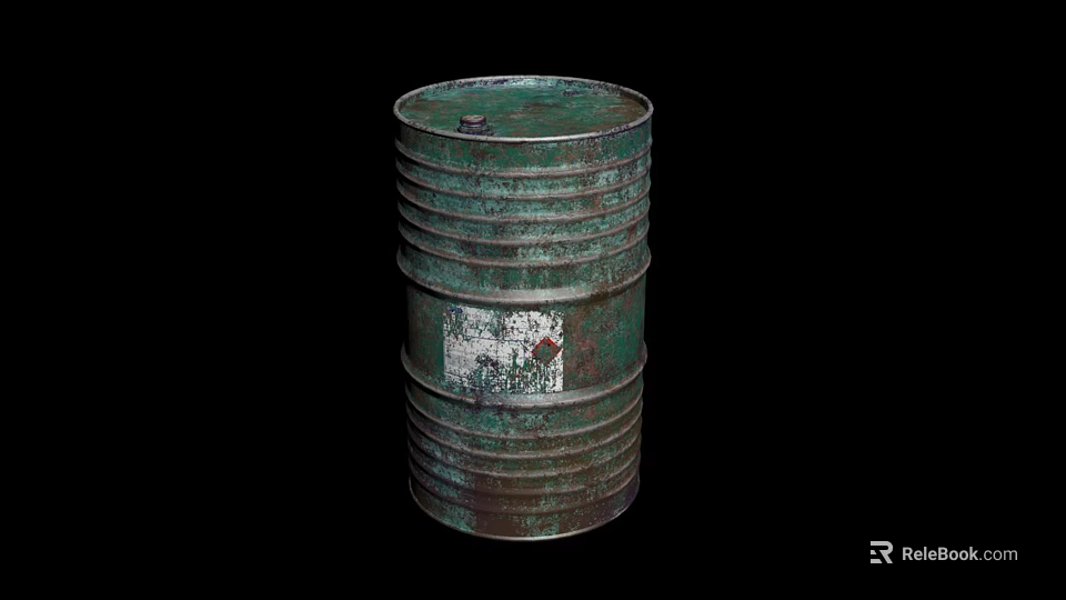 Tech Exhibition Hall Showcasing Green Rusty Metal Oil Drum With Worn White Label 3d model 