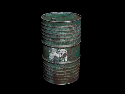 Tech Exhibition Hall Showcasing Green Rusty Metal Oil Drum With Worn White Label 3d model
