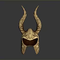 Golden Ornamental Battle Helmet With Curved Horns Intricate Carvings And Reflective Surface On Gray Background