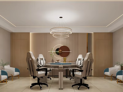Modern Hotel Mahjong Room Interior Design With Round Table Comfortable Chairs And Hanging Chandelier 3d model