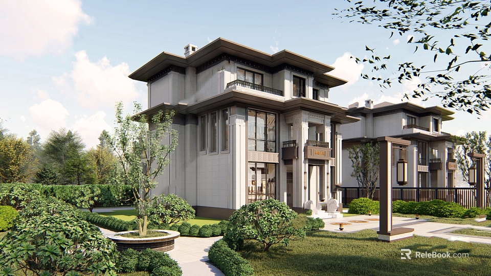 Two Story Modern Chinese Detached Villa Exterior Design With Landscaped Garden And Greenery 3d model 